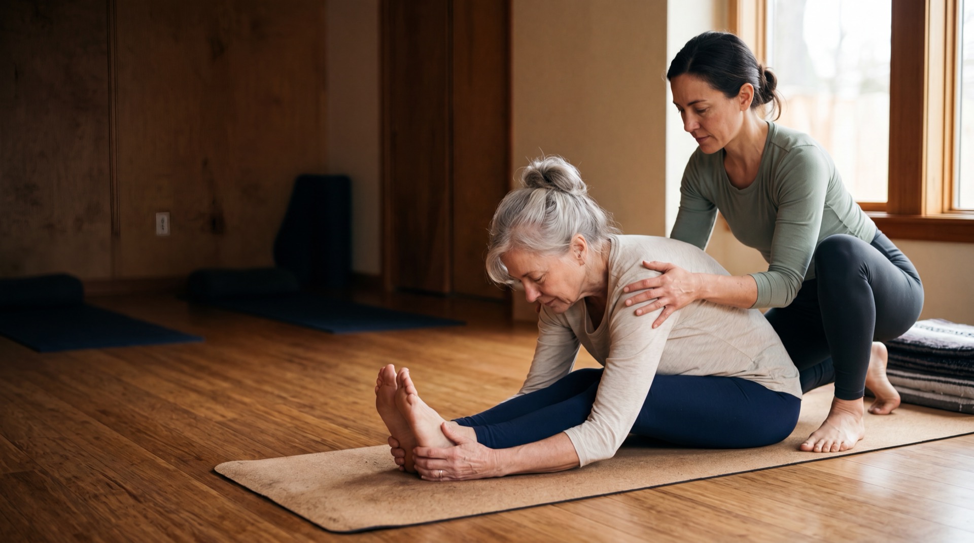 A yoga teacher kneeling beside an older student, gently supporting her back through a seated forward fold in a warm studio.